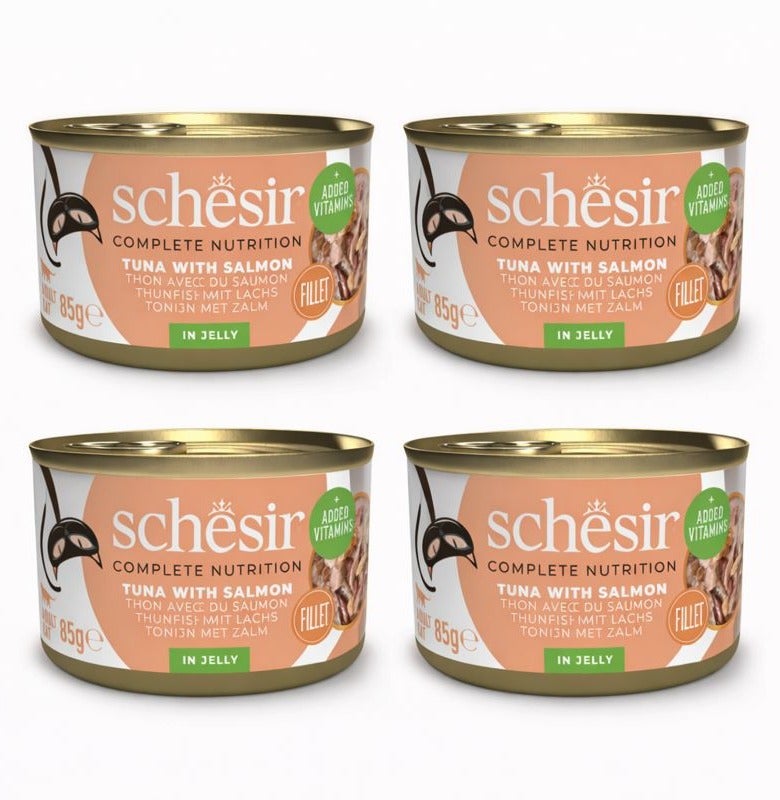 شيسر كومبليت نيوتريشن – تونة مع سلمون في الجيلي – طعام قطط رطب متكامل ومتوازن – مدعّم بالفيتامينات – 4 × 85 جم - Image 1